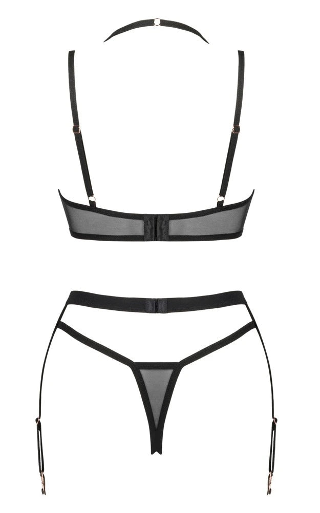 Obsessive Selinne 3-teiliges Straps-Set Schwarz – transparenter Mesh-BH, Strapsgürtel & String in elegantem Design