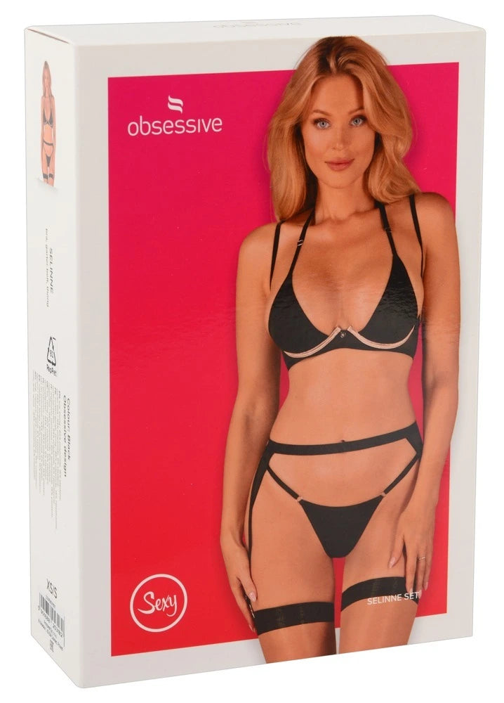 Obsessive Selinne 3-teiliges Straps-Set Schwarz – BH, Strapsgürtel & String aus elegantem Dessous-Material