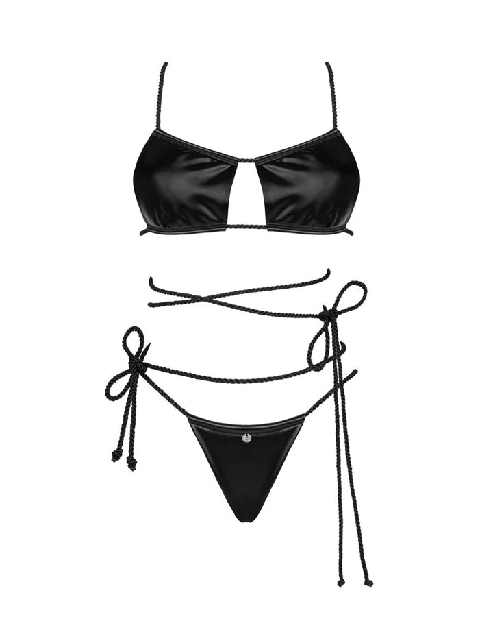 Obsessive Cordellis Wetlook-Set Schwarz – 2-teiliges Set mit Soft-BH, String und Bondage-Kordeln