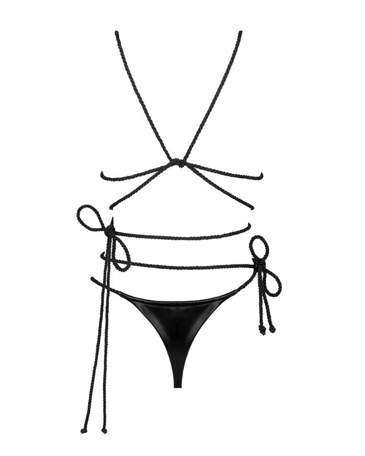 Obsessive Cordellis Wetlook-Set Schwarz – 2-teiliges Set mit Soft-BH, String und Bondage-Kordeln