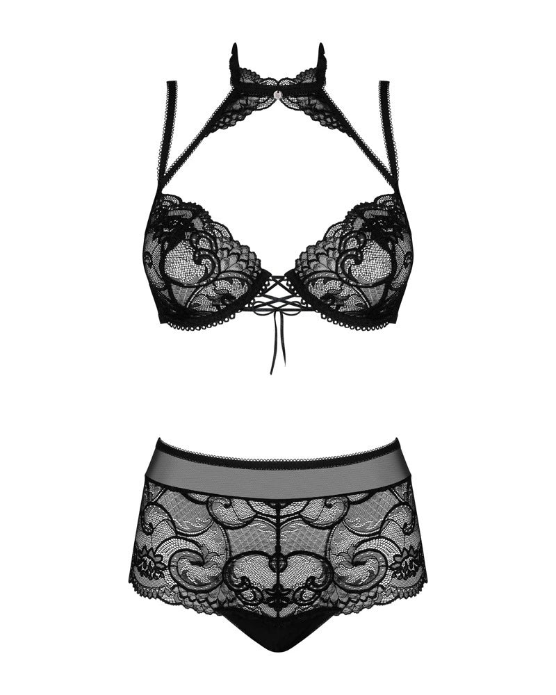 Obsessive Elizenes Spitzen-Set Schwarz – 2-teiliges Set mit Bügel-BH und High Waist Slip