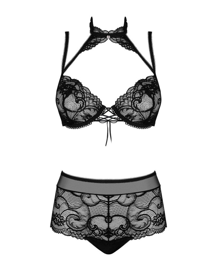 Obsessive Elizenes Spitzen-Set Schwarz – 2-teiliges Set mit Bügel-BH und High Waist Slip