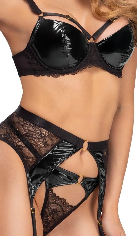 Cottelli Lingerie Bügel-BH, Strapsgürtel und String im Set, Spitze & Lack im stylischen Mi – Detailaufnahme