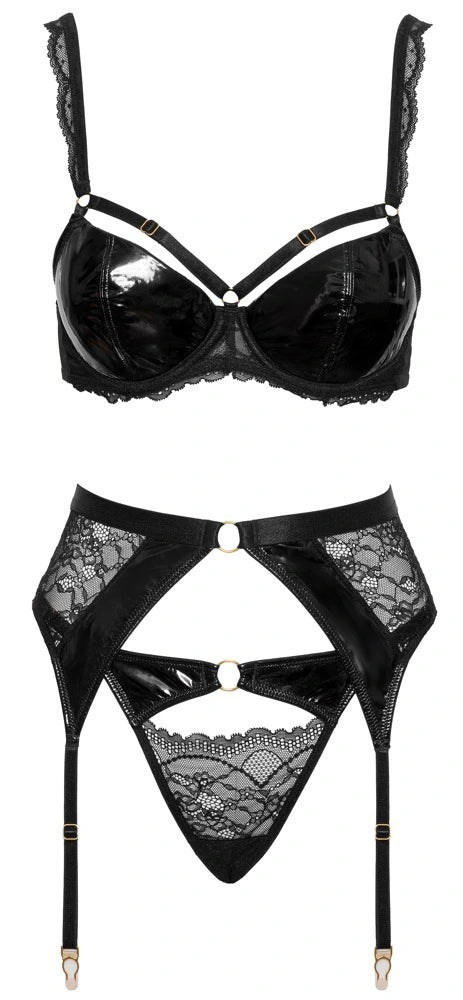 Cottelli Lingerie Bügel-BH, Strapsgürtel und String im Set, Spitze & Lack im stylischen Mi – freigestellte Vorderansicht