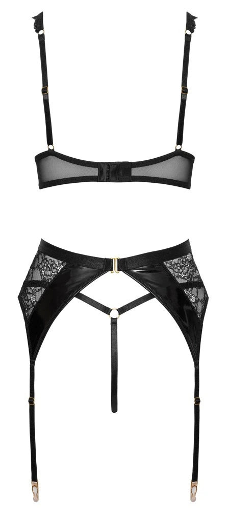 Cottelli Lingerie Bügel-BH, Strapsgürtel und String im Set, Spitze & Lack im stylischen Mi – freigestellte Rückansicht