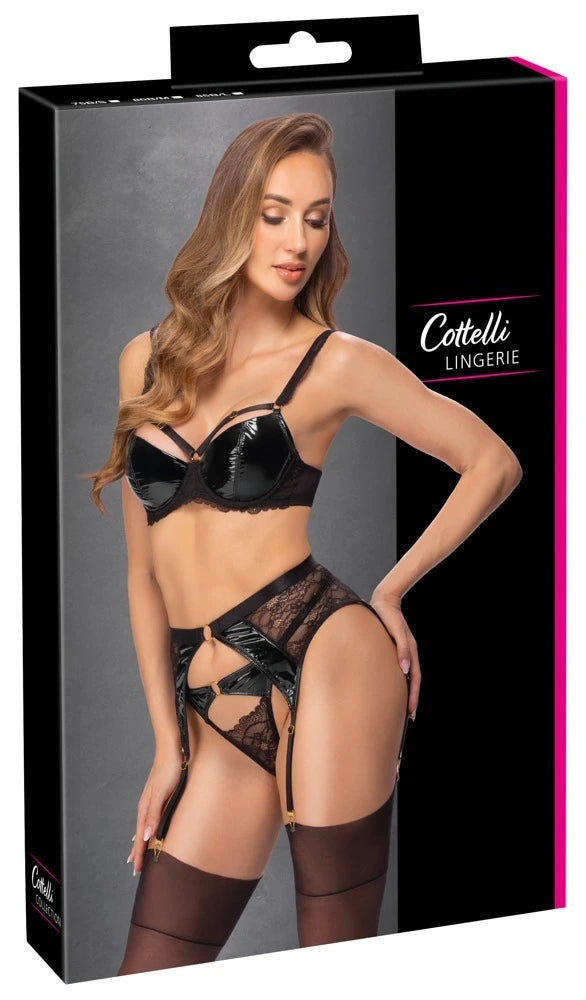 Cottelli Lingerie Bügel-BH, Strapsgürtel und String im Set, Spitze & Lack im stylischen Mi – Produktverpackung