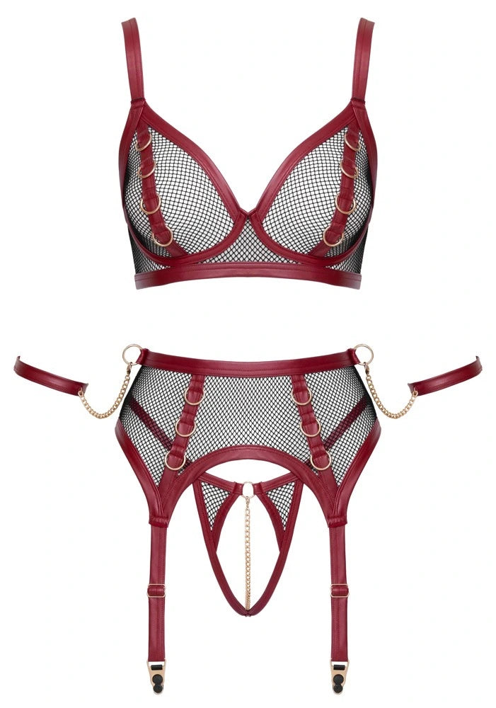 Cottelli Bondage Ouvert Straps-Set in Rot-Schwarz – Wetlook-Bra und Garter-Belt mit Netz-Einsätzen und Goldketten