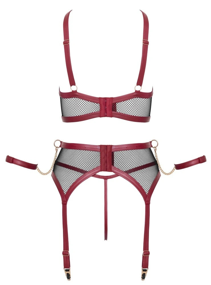 Cottelli Bondage Ouvert Straps-Set in Rot-Schwarz, Wetlook-Bralette und Strapsset mit Netzstoff und Golddetails