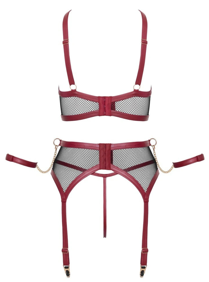 Cottelli Bondage Ouvert Straps-Set in Rot-Schwarz, Wetlook-Bralette und Strapsset mit Netzstoff und Golddetails