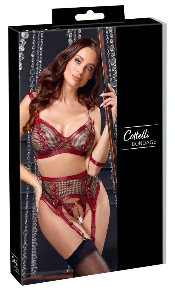 Cottelli Bondage Ouvert Straps-Set in Rot-Schwarz mit Netzstoff, Kunstleder-Bändern und eleganten Soft-Armfesseln