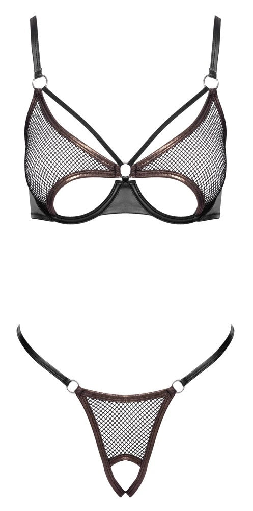 Cottelli Lingerie Ouvert-Set in Schwarz: Netz-BH mit Roségold-Bordüren, O-Ring-Details und offener Ouvert-Slip.