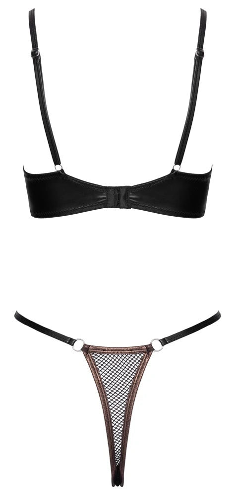 Cottelli Lingerie Ouvert-Set: schwarzer Wetlook-BH und transparenter Roségold-String mit O-Ring-Details
