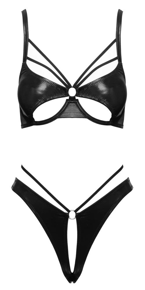 Cottelli Lingerie Bügel-BH & Ouvert-String im Set in schwarzem glänzenden Wetlook – freigestellte Vorderansicht