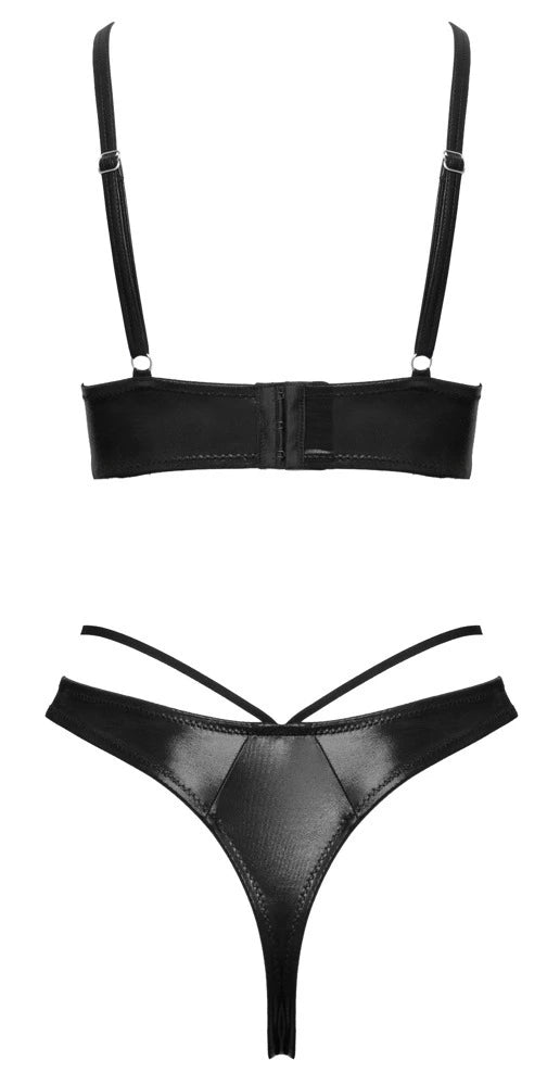 Cottelli Lingerie Bügel-BH & Ouvert-String im Set in schwarzem glänzenden Wetlook – freigestellte Rückansicht