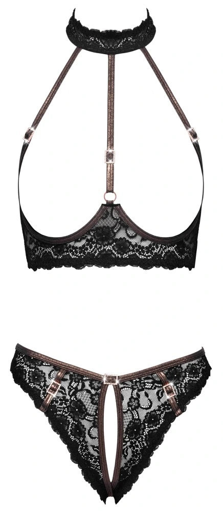 Cottelli Lingerie Ouvert-Set mit Hebe-BH & Slip mit feiner Blütenspitze – freigestellte Vorderansicht