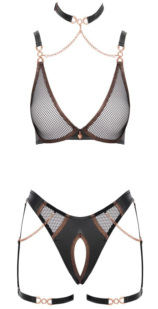 Abierta Fina Dessous Set Ouvert Schwarz mit Halsband-BH & Riostring