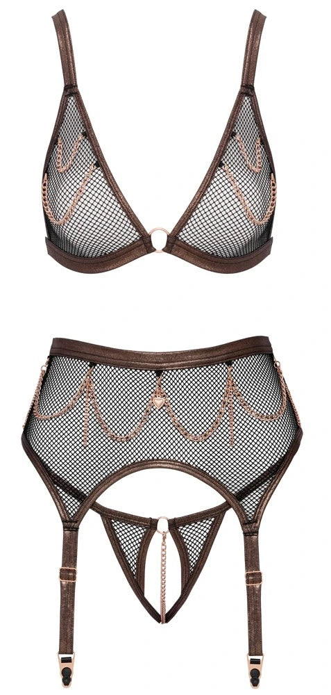 Abierta Fina Dessous Set mit Strapsgürtel & Ketten Schwarz Ouvert