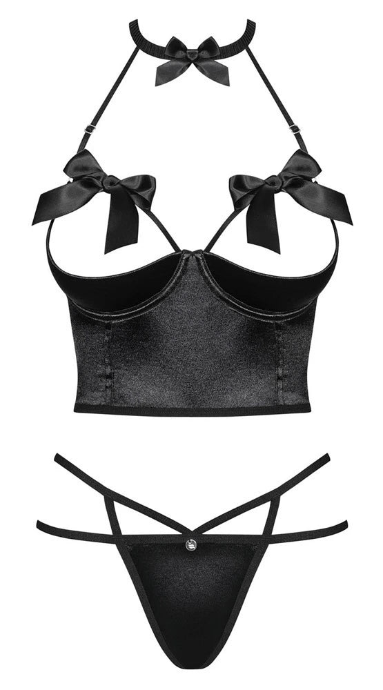 Obsessive Hebe-Set Schwarz – 2-teiliges Set mit Bügel-Hebe, String und Halsband