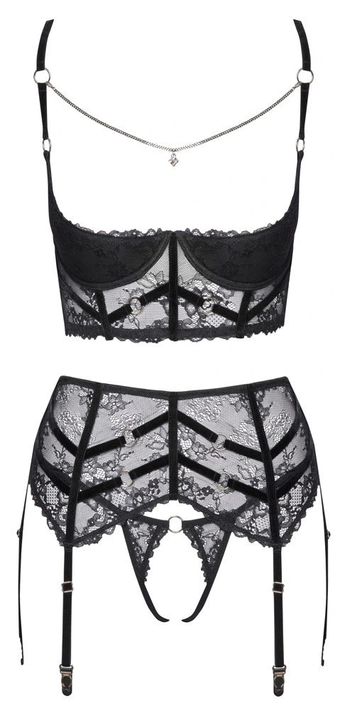 Cottelli Lingerie - Set mit Hebe und Strapsgürtel aus Spitze schwarz