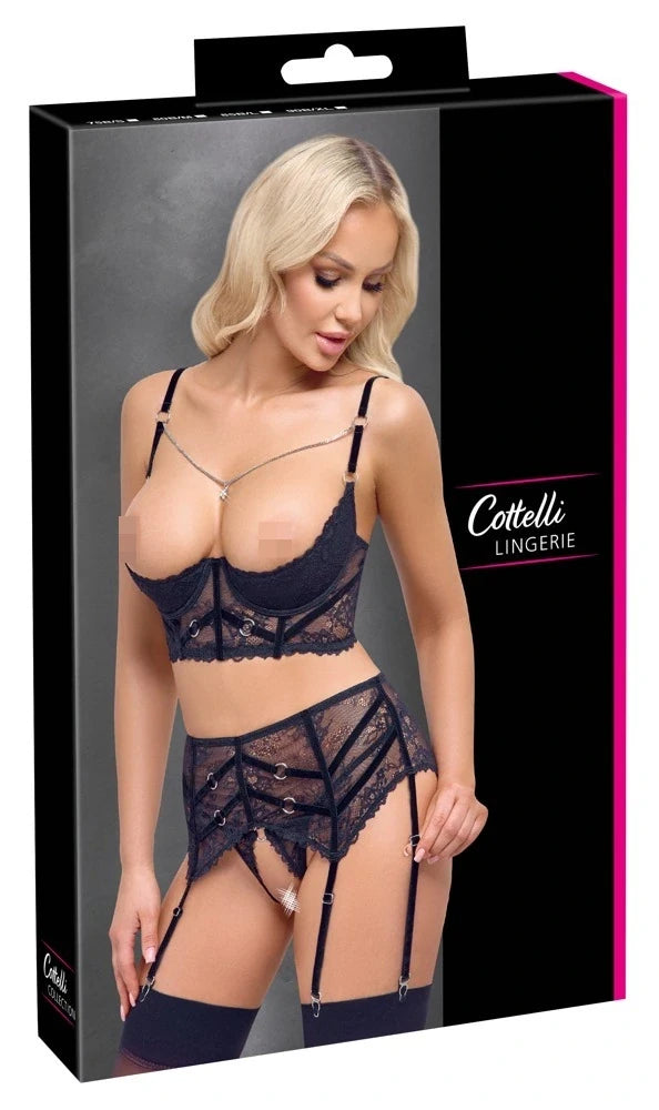 Cottelli Lingerie - Set mit Hebe und Strapsgürtel aus Spitze schwarz