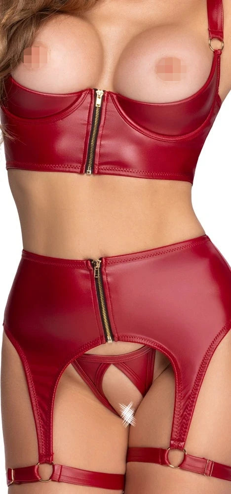 Cottelli Lingerie - Ouvert Straps-Set Rot – Erotisches Dessous Set mit Strumpfhalter