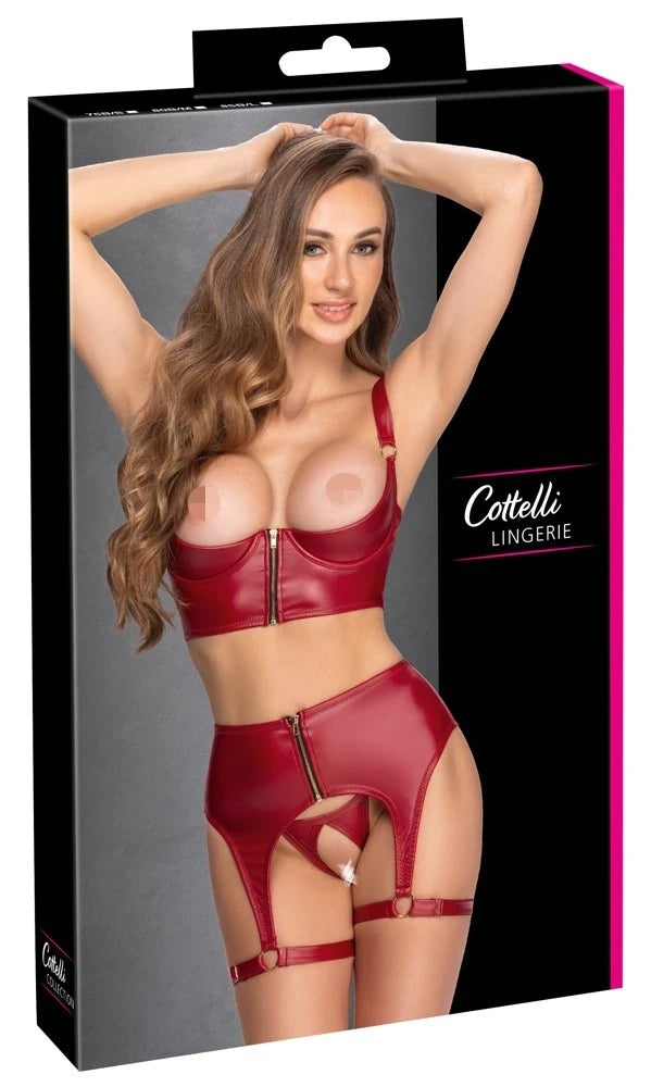 Cottelli Lingerie - Ouvert Straps-Set Rot – Erotisches Dessous Set mit Strumpfhalter