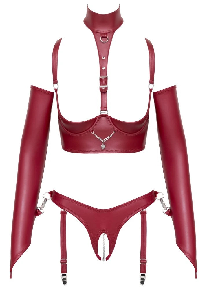 Cottelli Bondage Ouvert-Set Rot: BH, String, Strapsband, Halsfessel & Armstulpen aus mattem Kunstleder mit Silber-Details