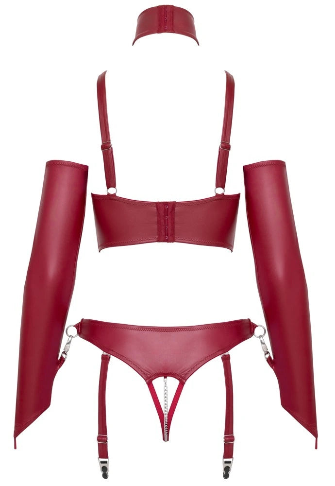 Cottelli Bondage Ouvert-Set Rot – Kunstleder-BH, Straps-Slip, Halsfessel & Armstulpen, Metall-Details