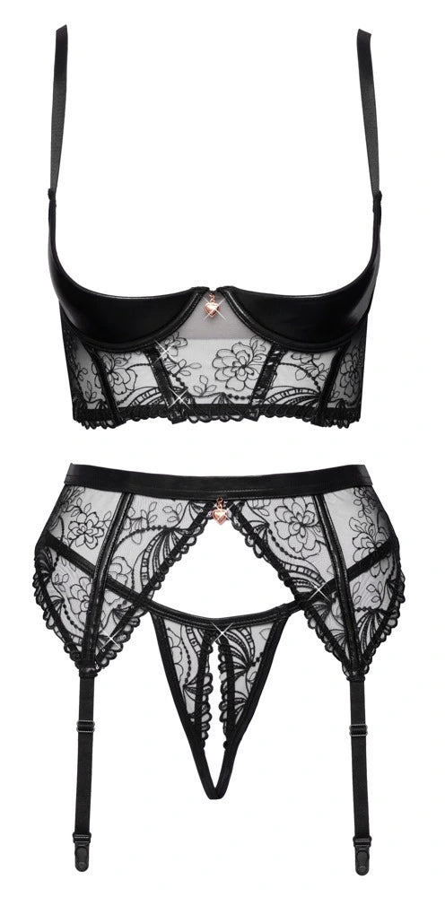 Cottelli Lingerie 3-teiliges Straps-Set ouvert, edler Wetlook & bestickter Tüll – freigestellte Vorderansicht
