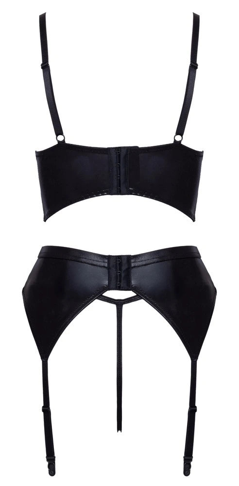Cottelli Lingerie 3-teiliges Straps-Set ouvert, edler Wetlook & bestickter Tüll – freigestellte Rückansicht