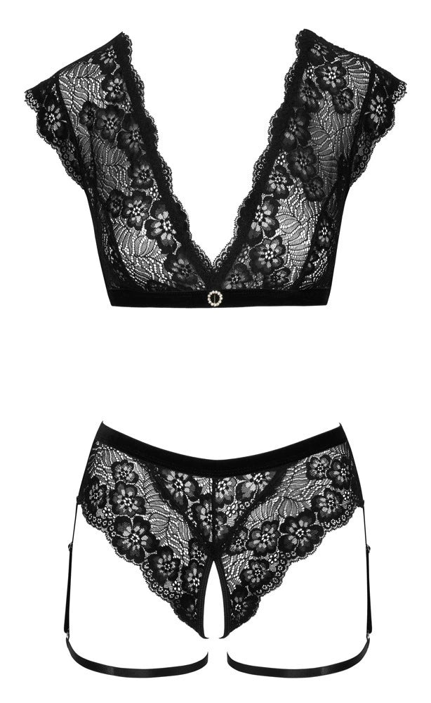 Cottelli Lingerie - Ouvert Dessousset mit Schenkelriemen aus Spitze schwarz