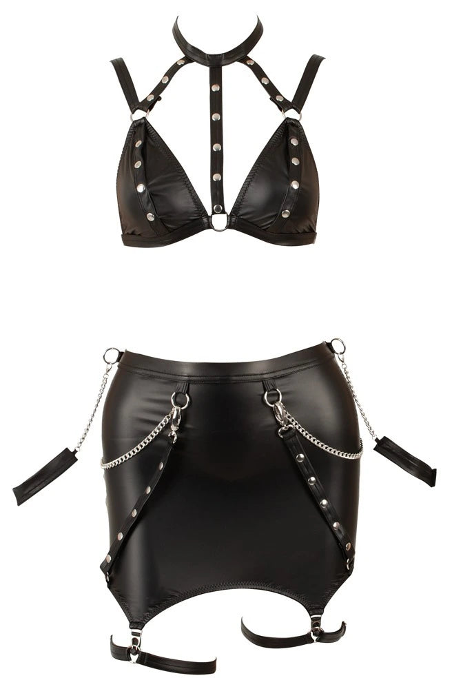 Cottelli Bondage Riemen-BH und Minirock als Produktansicht von vorn