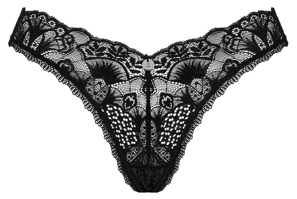 Obsessive Donna Dream Riostring Schwarz – Transparenter Spitzen-String mit floraler Stickerei und elegantem Metallic-Anhänger