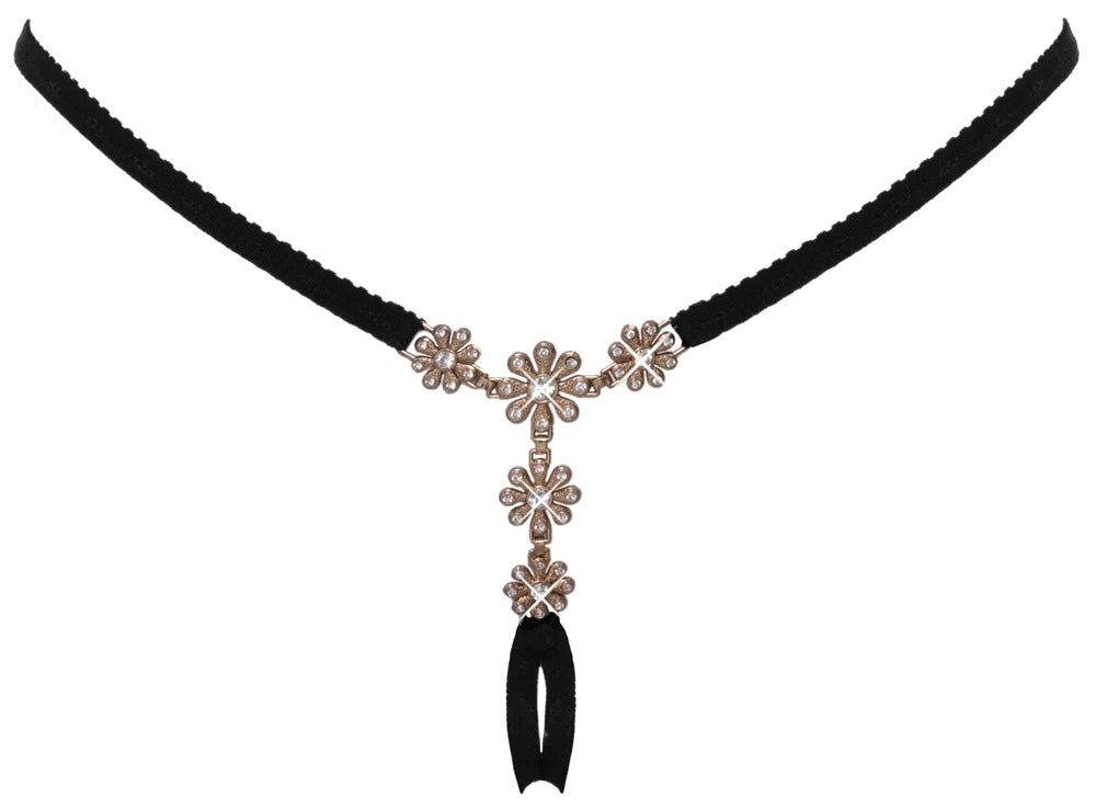 Cottelli Lingerie Halsband Schwarz Samt mit goldenen Strass-Blüten-Anhängern, elegantes Choker-Design