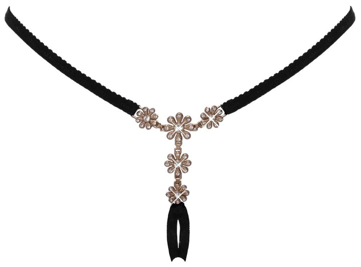 Cottelli Lingerie Halsband Schwarz Samt mit goldenen Strass-Blüten-Anhängern, elegantes Choker-Design