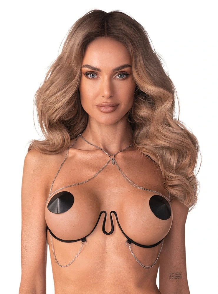 Obsessive Harness-BH Lustique Schwarz – Ouvert-BH mit Kettchen & Neckholder