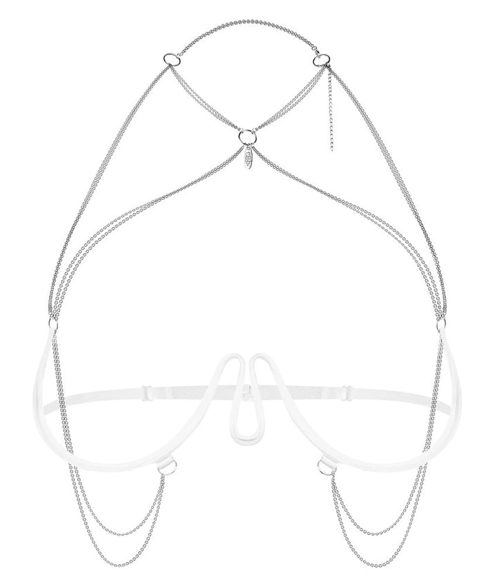 Obsessive Harness-BH Lustique Weiß – Ouvert-BH mit Kettchen & Neckholder