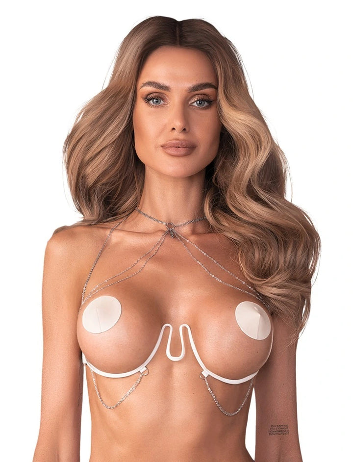 Obsessive Harness-BH Lustique Weiß – Ouvert-BH mit Kettchen & Neckholder