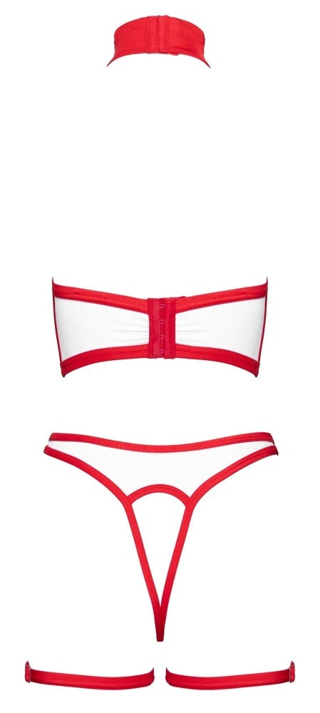 Cottelli Costumes Krankenschwester-Kostüm Ouvert-Set in Weiß Rot mit Hahnenkamm BH String und Strumpfbandgürtel
