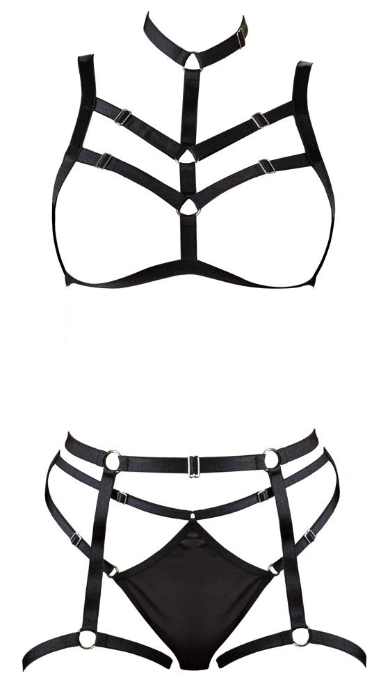 Cottelli Lingerie Harness-Set Schwarz – elastisches Riemen-Dessous mit Choker, Ring-Details und passendem Slip