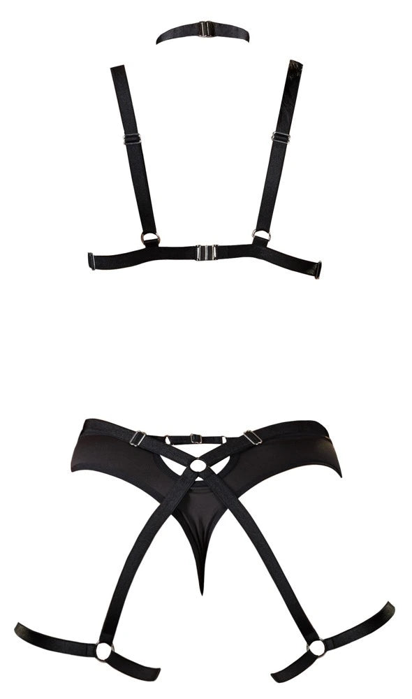 Cottelli Lingerie Harness-Set Schwarz – elegantes Body-Harness aus elastischen Bändern mit Metallringen und Choker