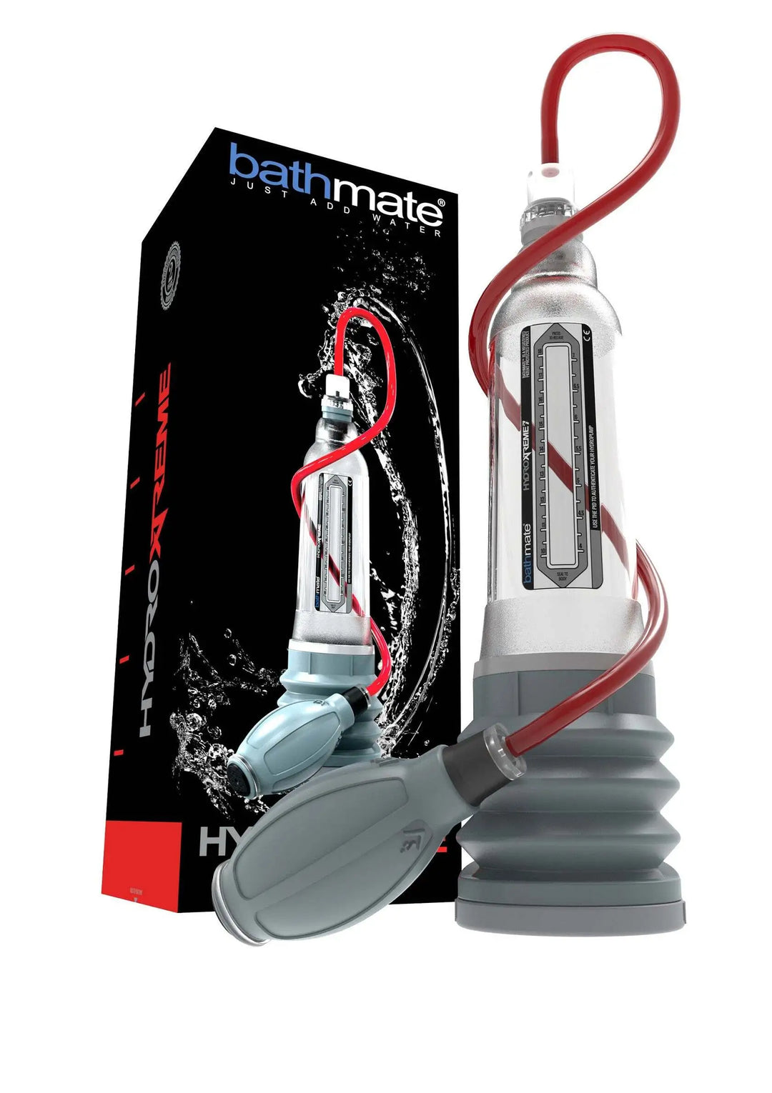 Bathmate HydroXtreme7 Hydropumpe Clear mit rotem Schlauch und grauem Softgamasche, inkl. Handpumpe und Originalverpackung