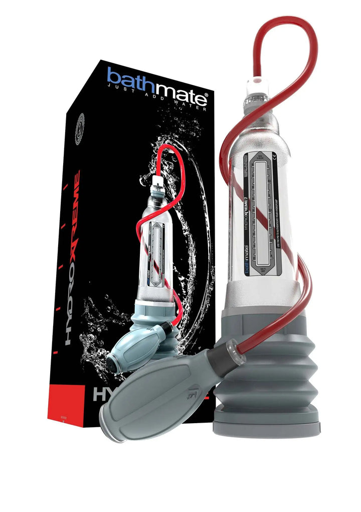 Bathmate HydroXtreme7 Hydropumpe Clear mit rotem Schlauch und grauem Softgamasche, inkl. Handpumpe und Originalverpackung