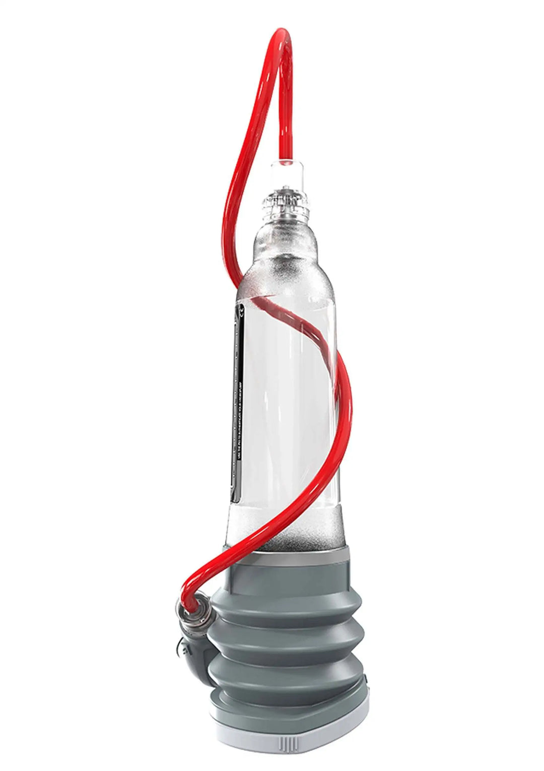 Bathmate HydroXtreme7 X30 Hydropumpe Clear mit rotem Schlauch und grauem Balgkolben – transparentes Premium-Design