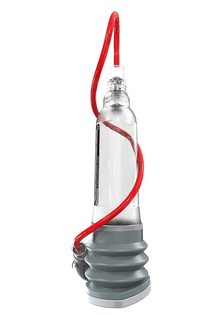 Bathmate HydroXtreme7 X30 Hydropumpe Clear mit rotem Schlauch und grauem Balgkolben – transparentes Premium-Design
