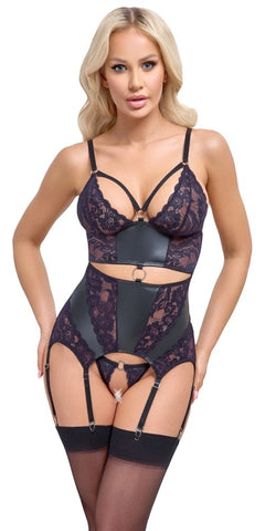 Cottelli Lingerie - Dessousset mit Strapsen aus Spitze schwarz/lila
