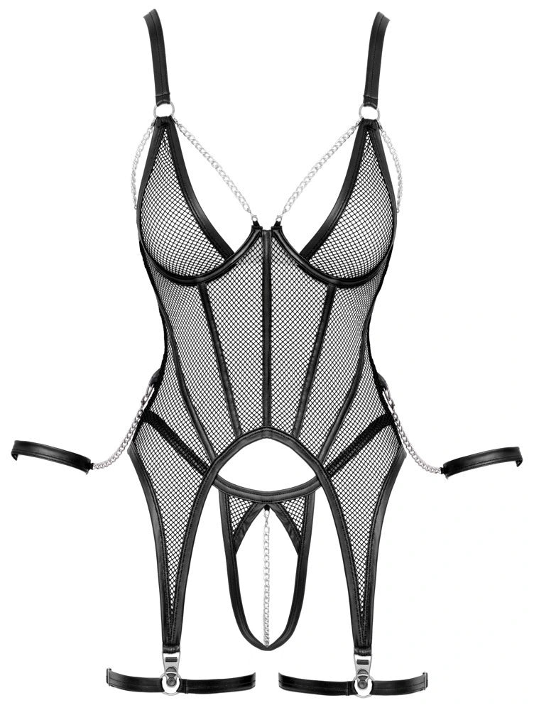 Cottelli Bondage Netz-Strapshemd schwarz mit Silberketten, Ouvert-Schnitt und Leder-Details