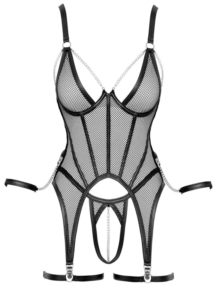 Cottelli Bondage Netz-Strapshemd schwarz mit Silberketten, Ouvert-Schnitt und Leder-Details