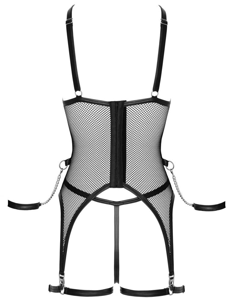 Cottelli Bondage Netz-Strapshemd schwarz mit Lederoptik-Straps, Metallringen und Zierkettendetails – elegantes Ouvert-Dessous