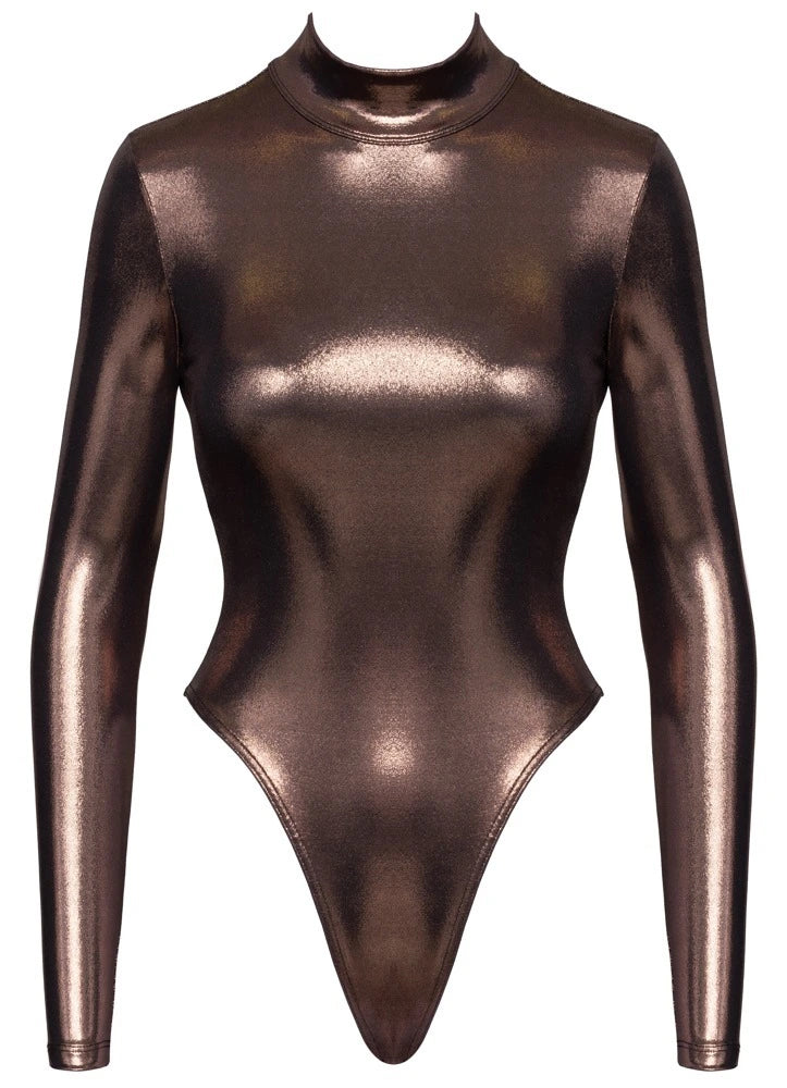 Cottelli Party Body in Bronze-Metallic, Langarm-Riobody mit Stehkragen und verführerischem High-Cut-Schnitt